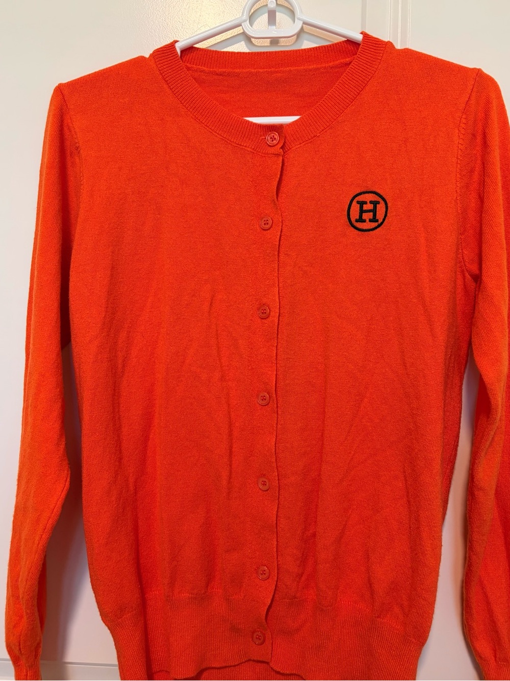 Classic Orange Button-Up Crewneck Sweater with Embroidered H Logo